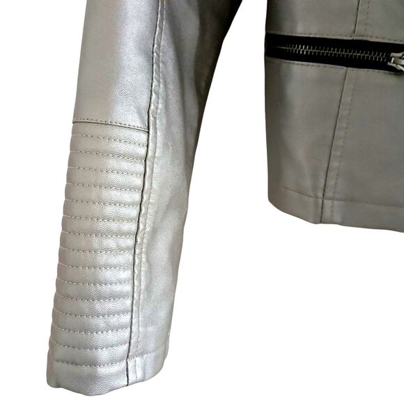 a.n.a. Silver Metallic Vegan Leather Motorcycle Jacket Asymmetrical Design - Picture 8 of 10